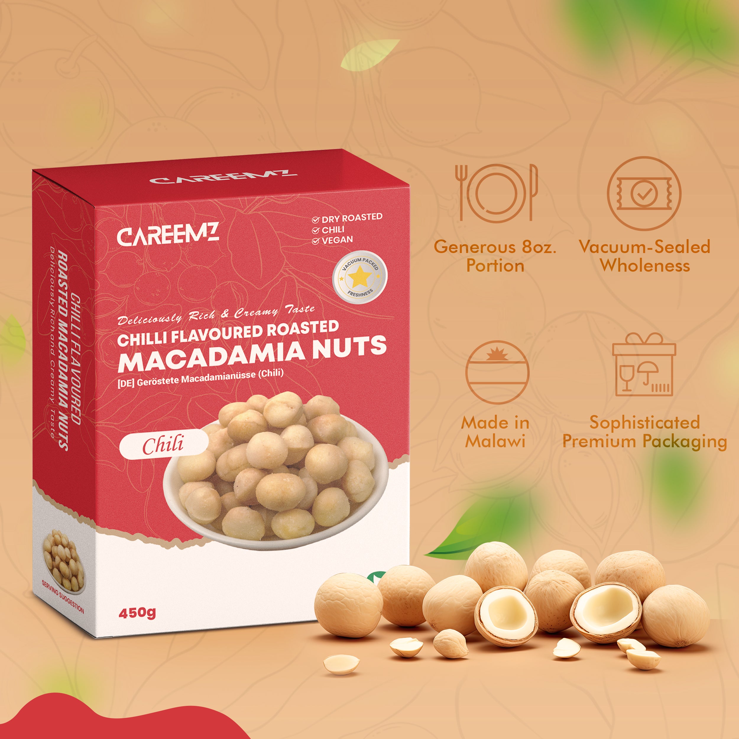 Noix de macadamia aromatisées au piment rôti CAREEMZ