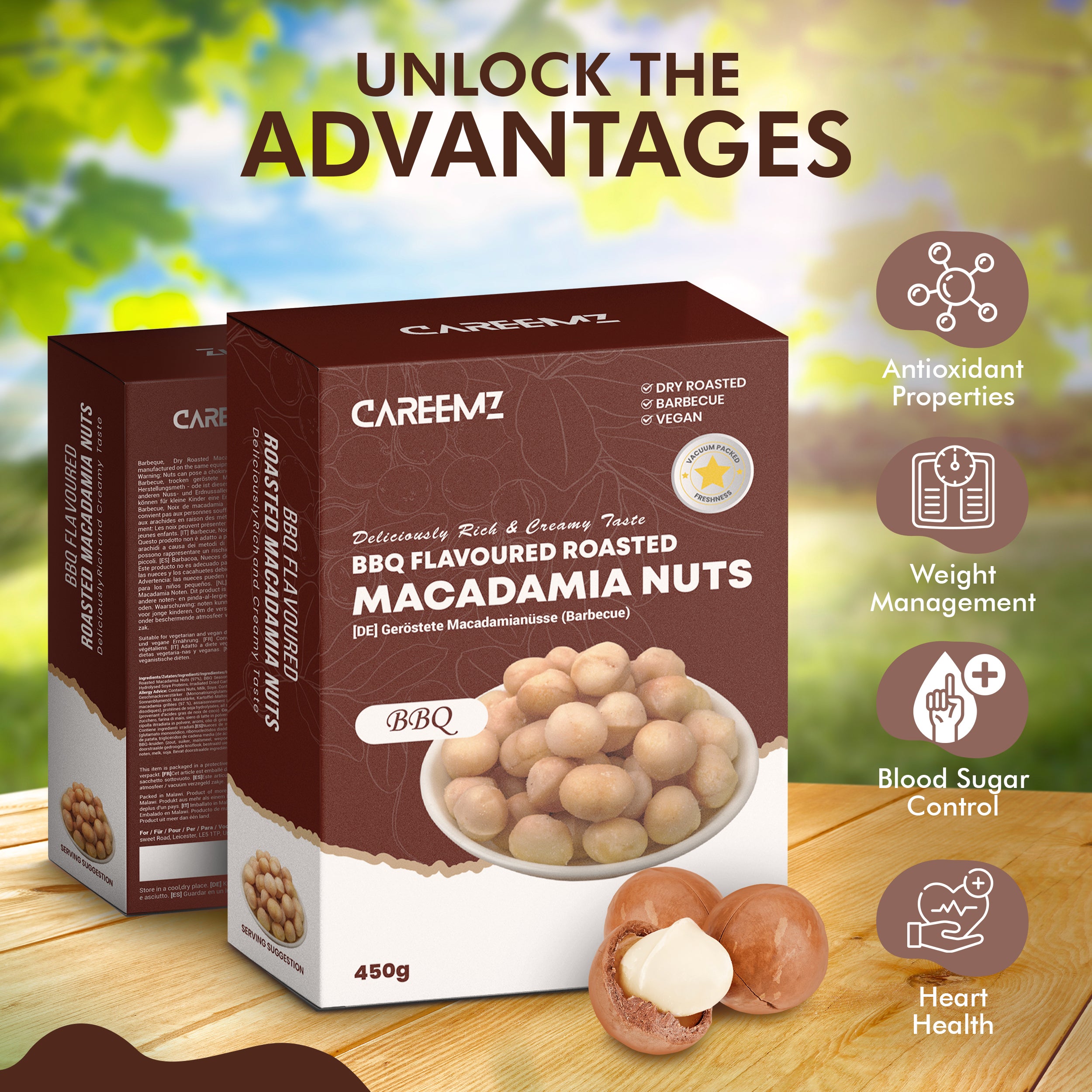 Noix de macadamia aromatisées au barbecue (BBQ) CAREEMZ