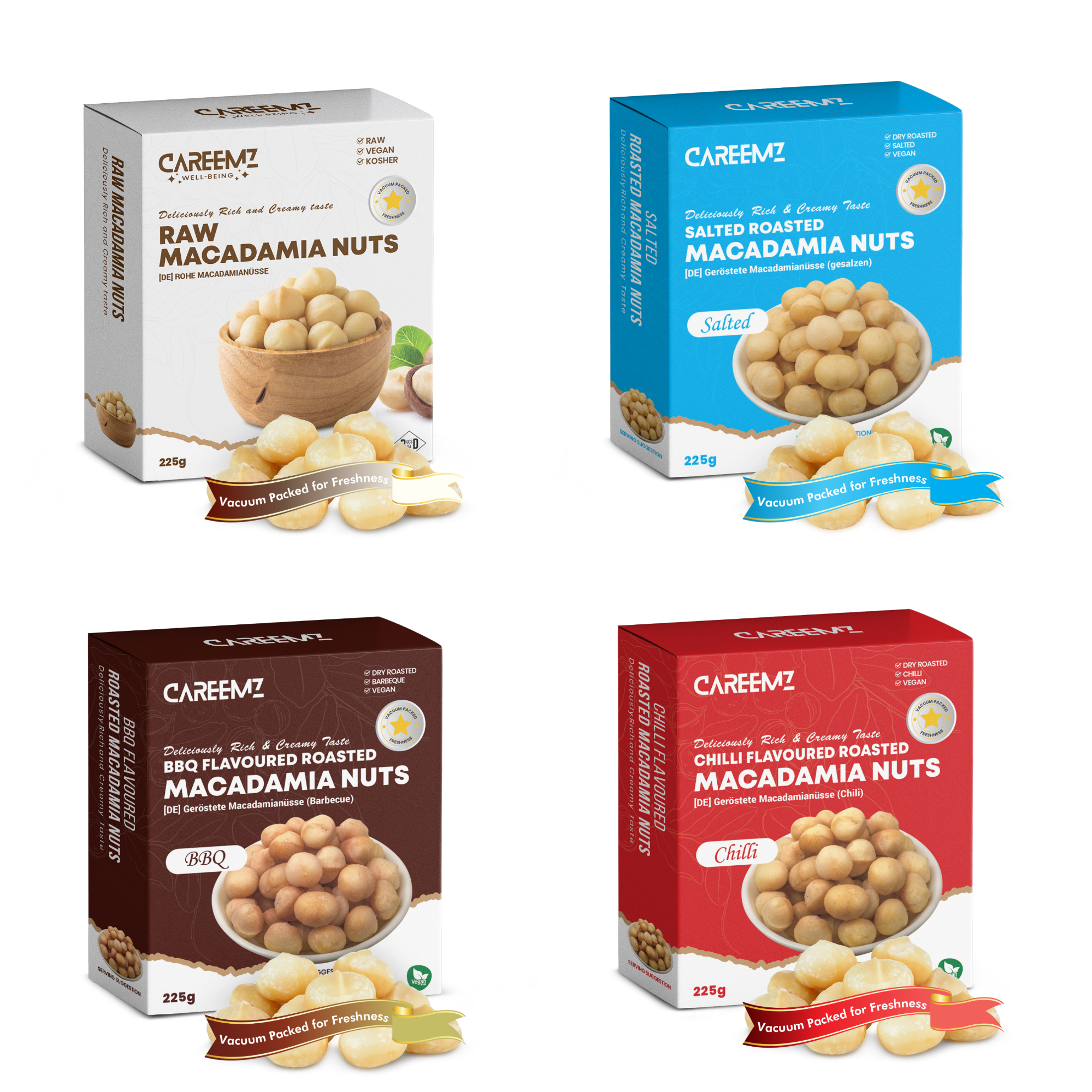 CAREEMZ Gourmet Macadamia Collection, 4 pack - Raw, Salted, Barbecue and Chilli Flavour