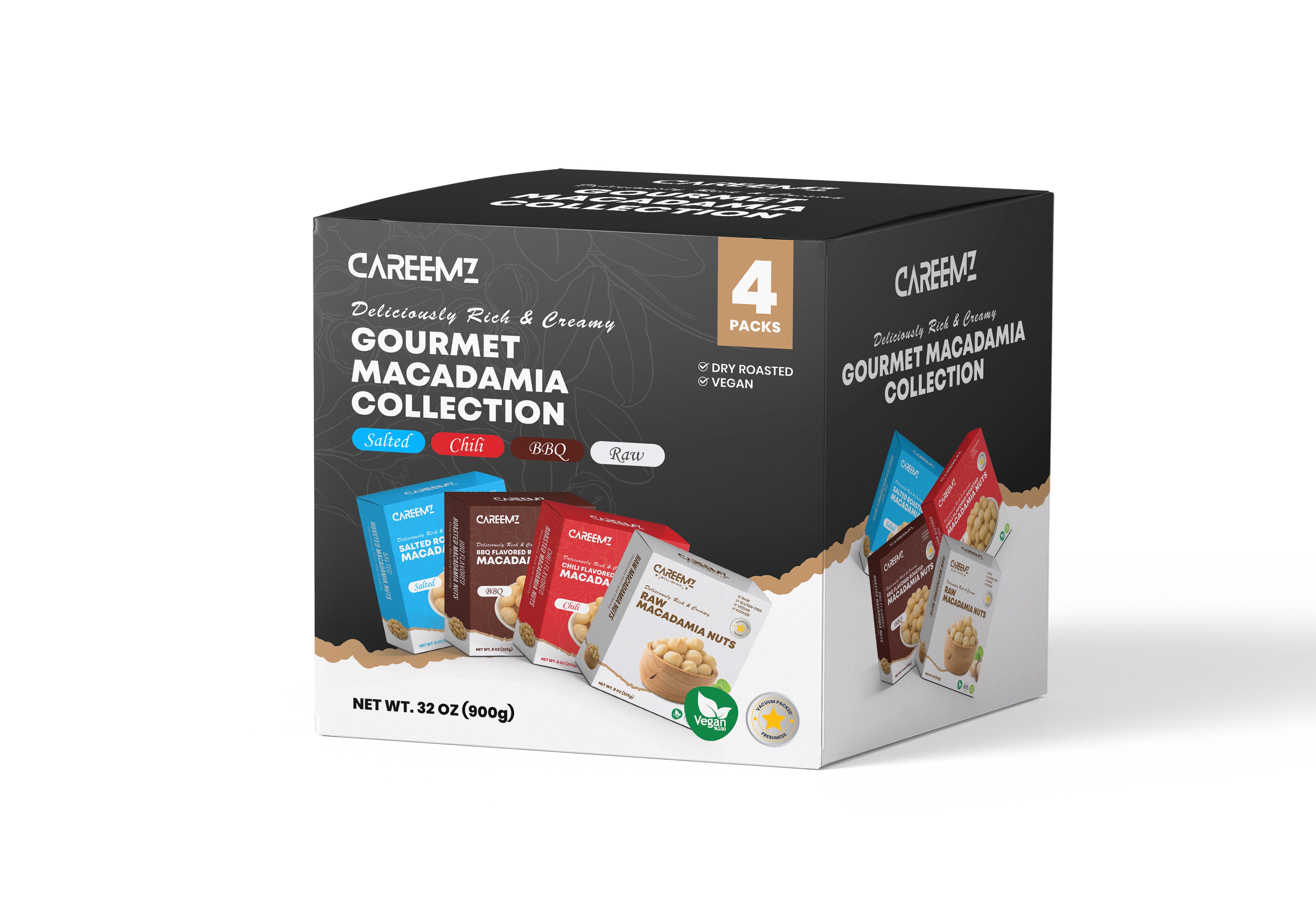 CAREEMZ Gourmet Macadamia Collection, 4 pack - Raw, Salted, Barbecue and Chilli Flavour