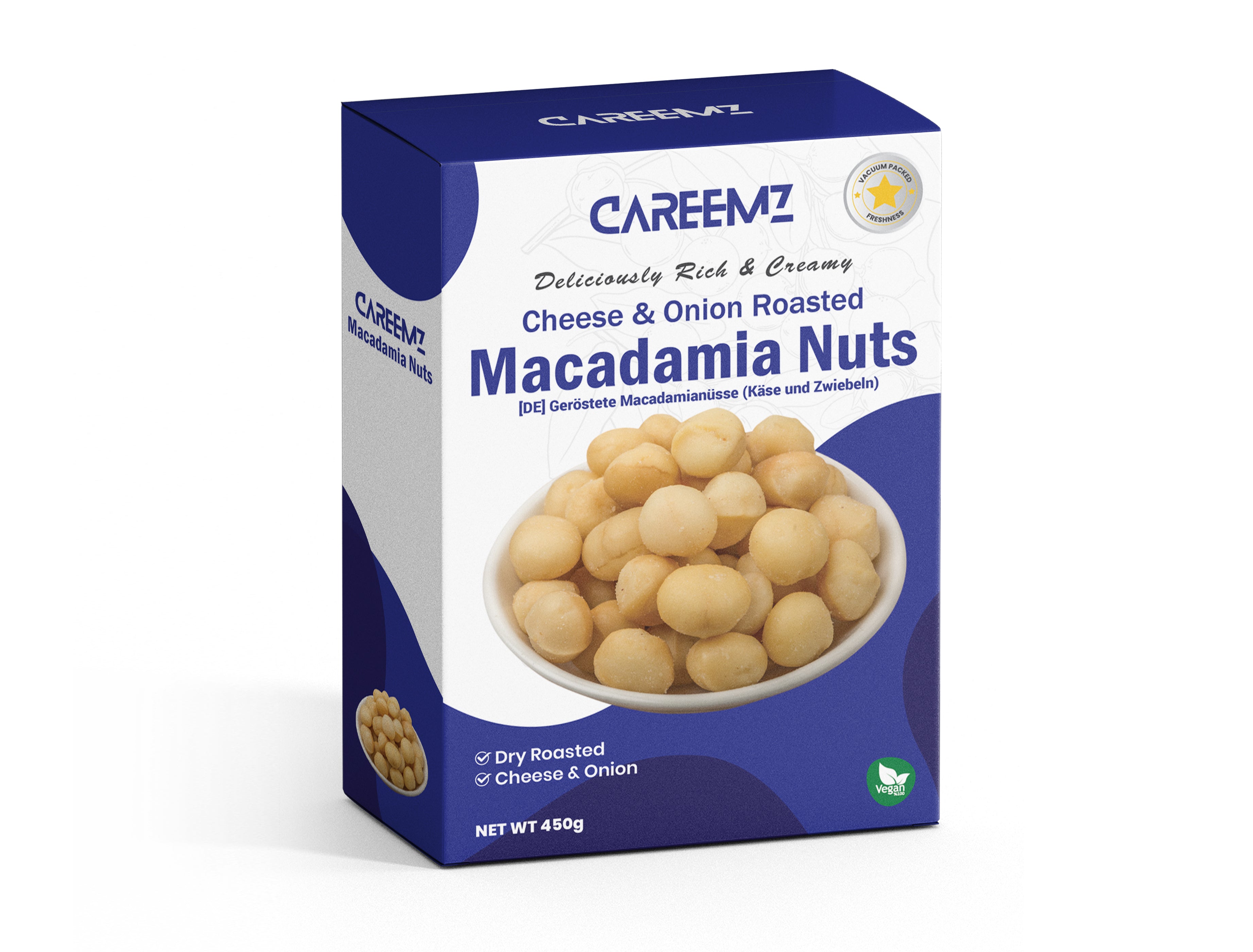 CAREEMZ Cheese & Onion Flavoured Roasted Macadamia Nuts, 450g Pack Size, Vacuum Sealed for Freshness