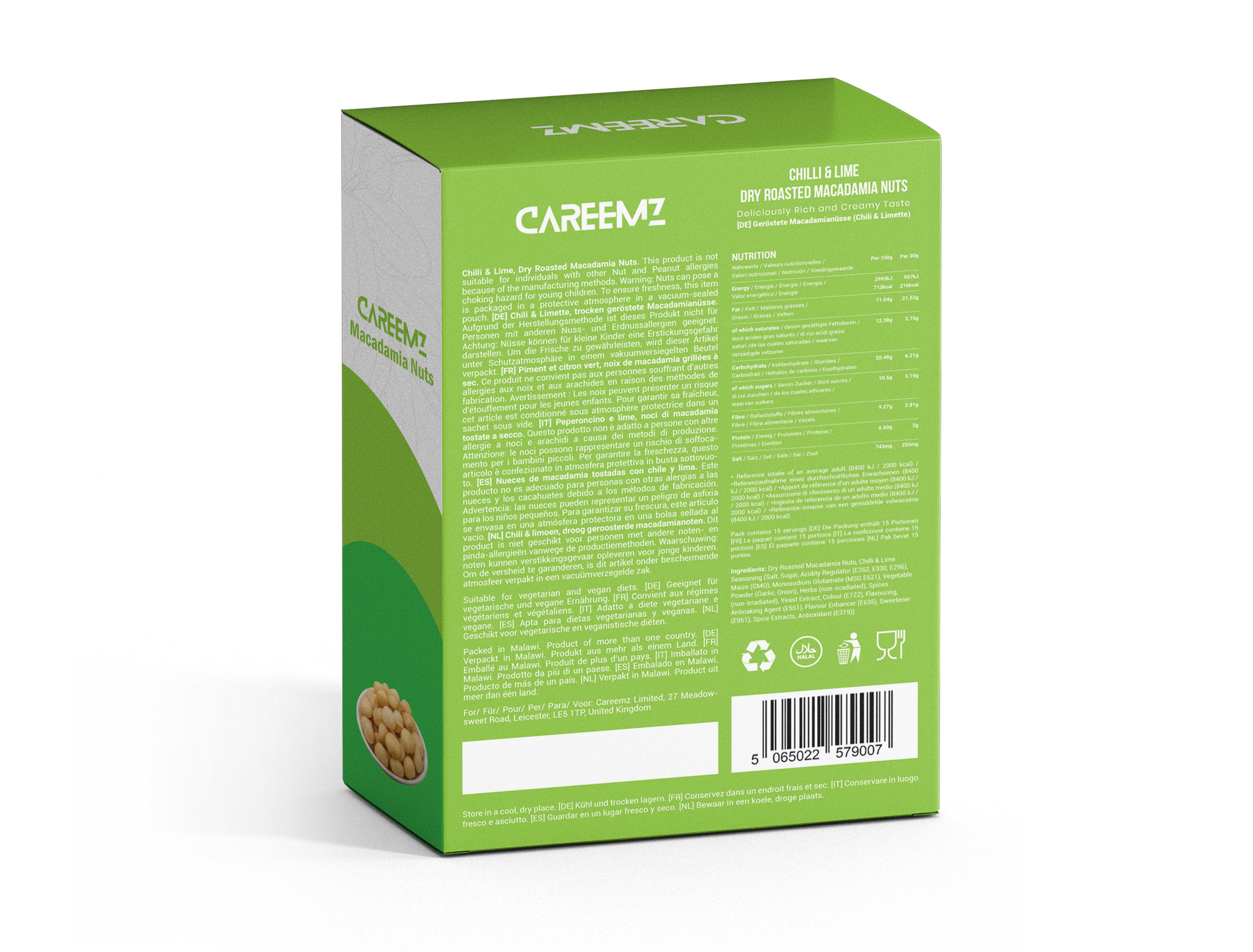 CAREEMZ Chilli & Lime Flavoured Roasted Macadamia Nuts, 450g Pack Size, Vacuum Sealed for Freshness