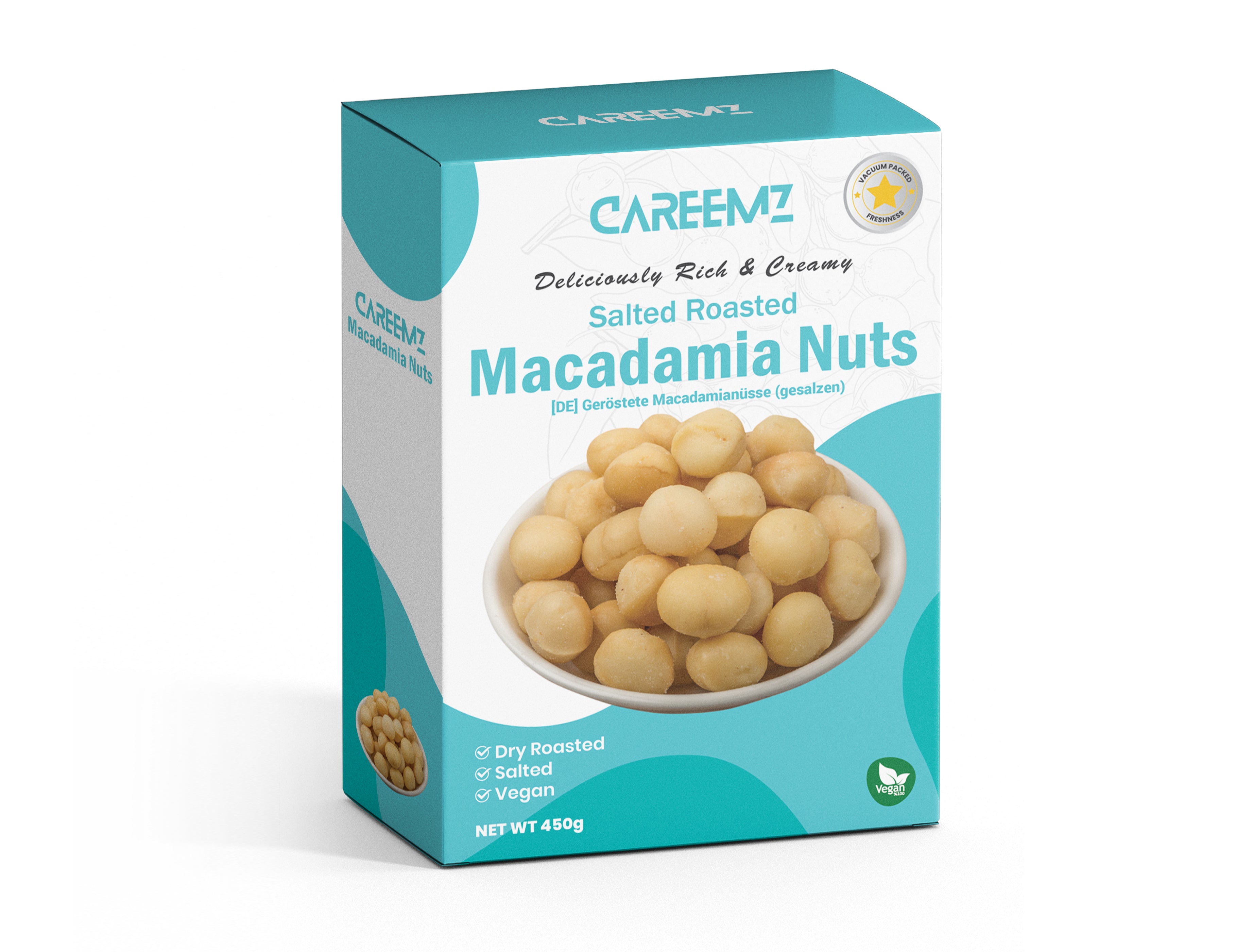 CAREEMZ Salted Roasted Macadamia Nuts, 450g Pack Size, Vacuum Sealed for Freshness