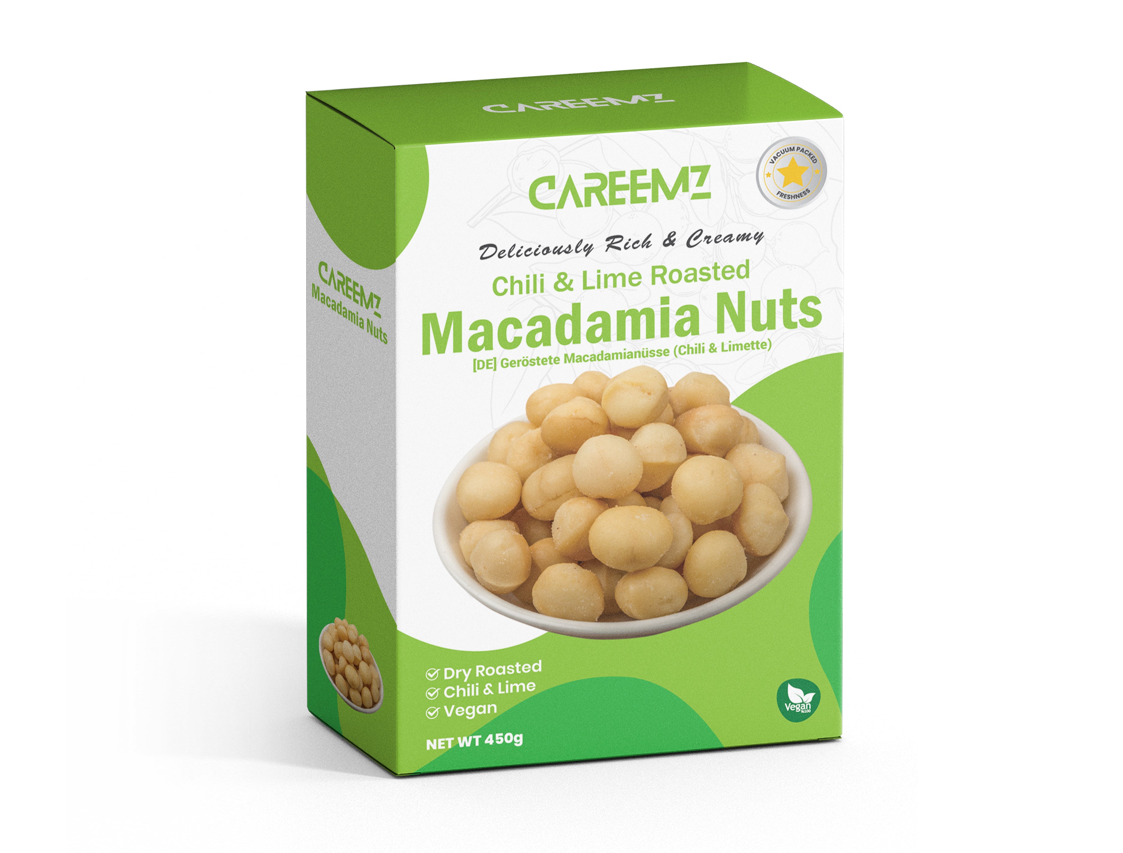 CAREEMZ Chilli & Lime Flavoured Roasted Macadamia Nuts, 450g Pack Size, Vacuum Sealed for Freshness