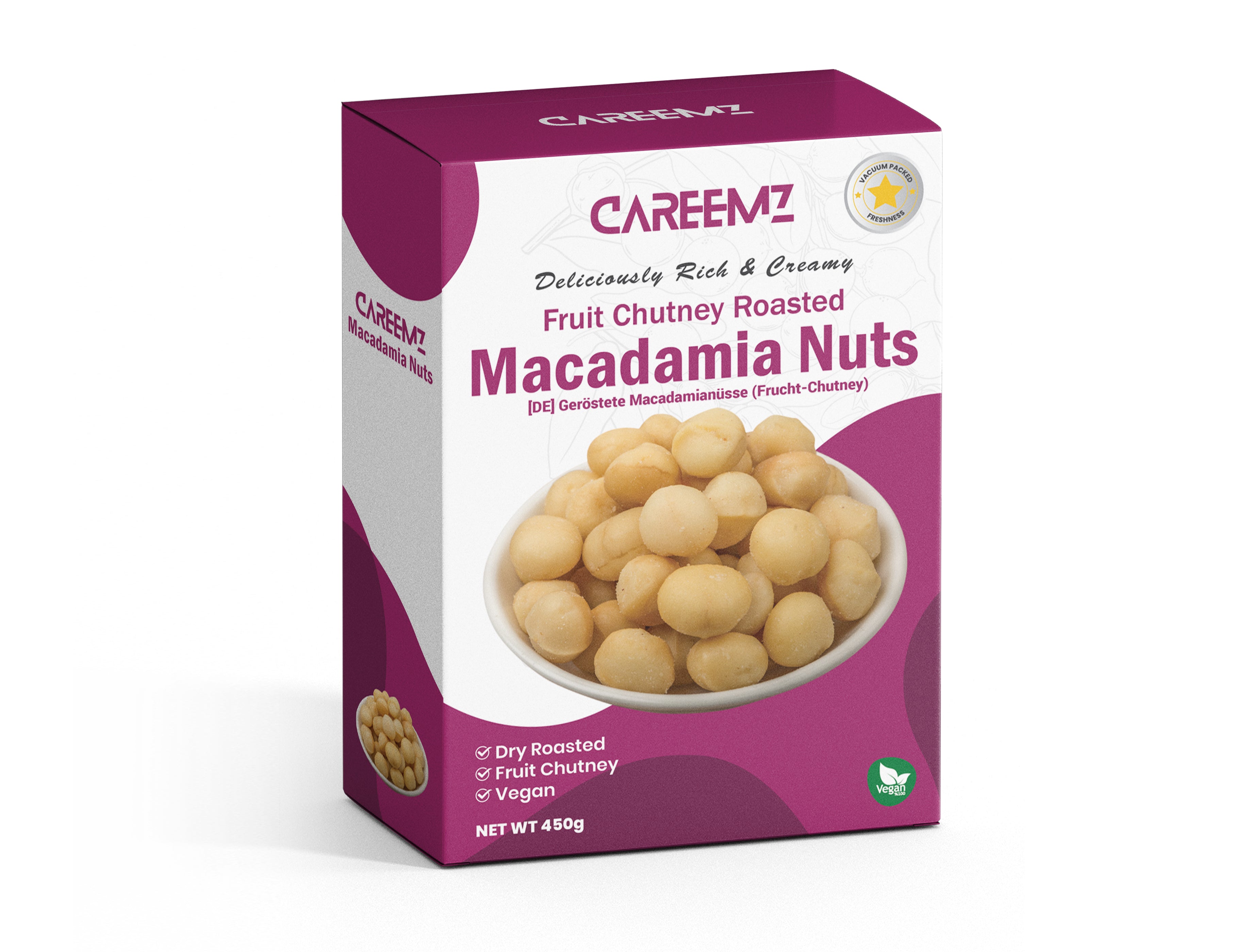 CAREEMZ Fruit Chutney Flavoured Roasted Macadamia Nuts, 450g Pack Size, Vacuum Sealed for Freshness