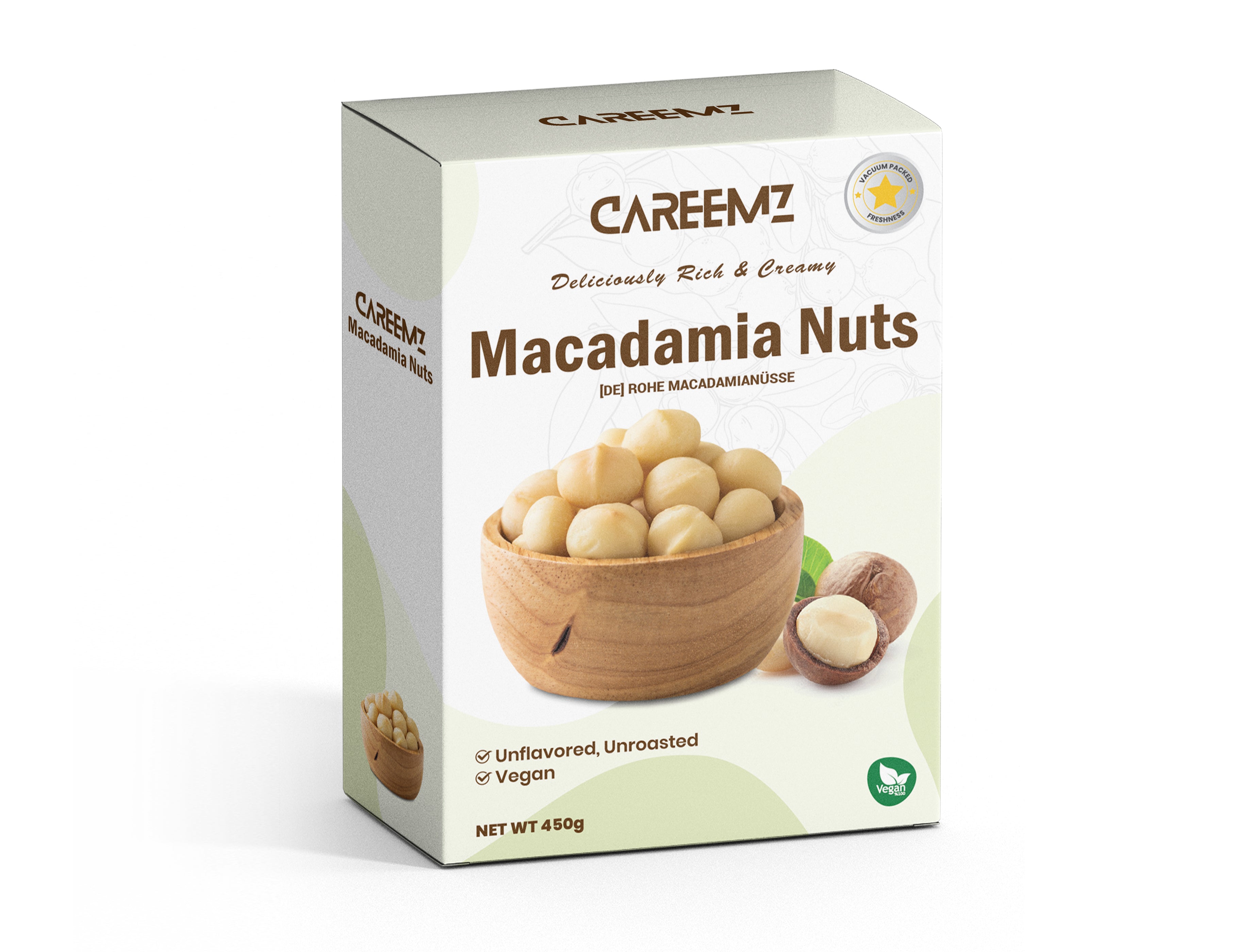 CAREEMZ Raw Macadamia Nuts, 450g Pack Size, Vacuum Sealed for Freshness